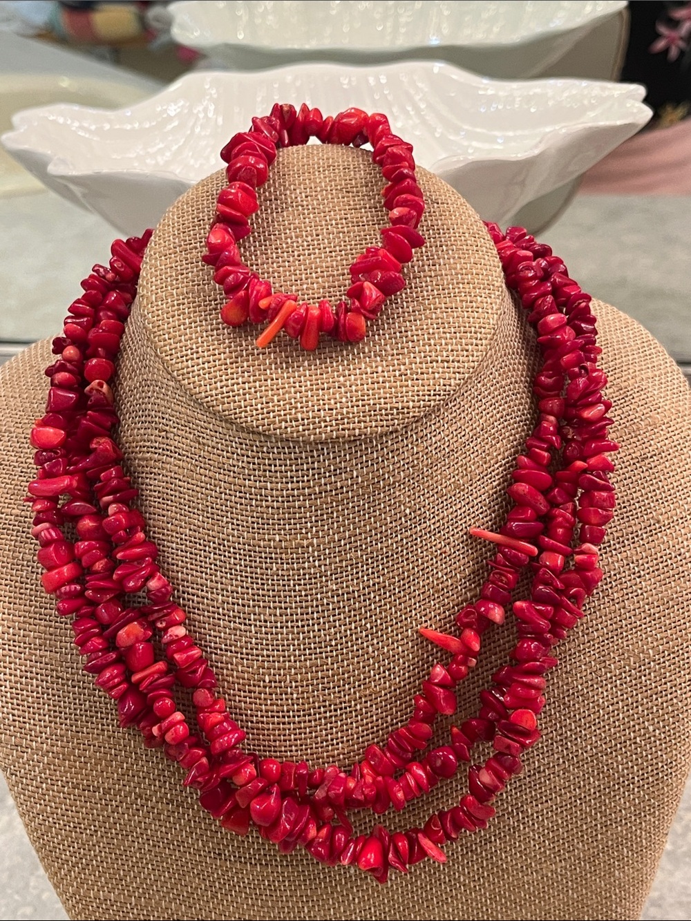 Triple Red Coral Chip Necklace and Bracelet Set+ stretch bracelet